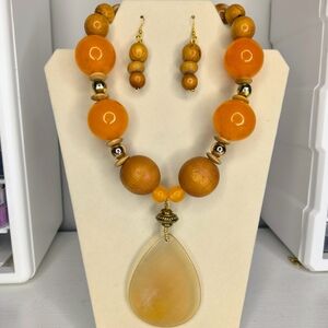 Orange and Gold Beaded Necklace and Earring Set